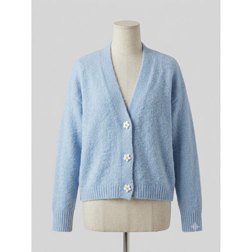 Altard State Womens Extra Small Blue Fuzzy Knit Cardigan Sweater Daisy Buttons